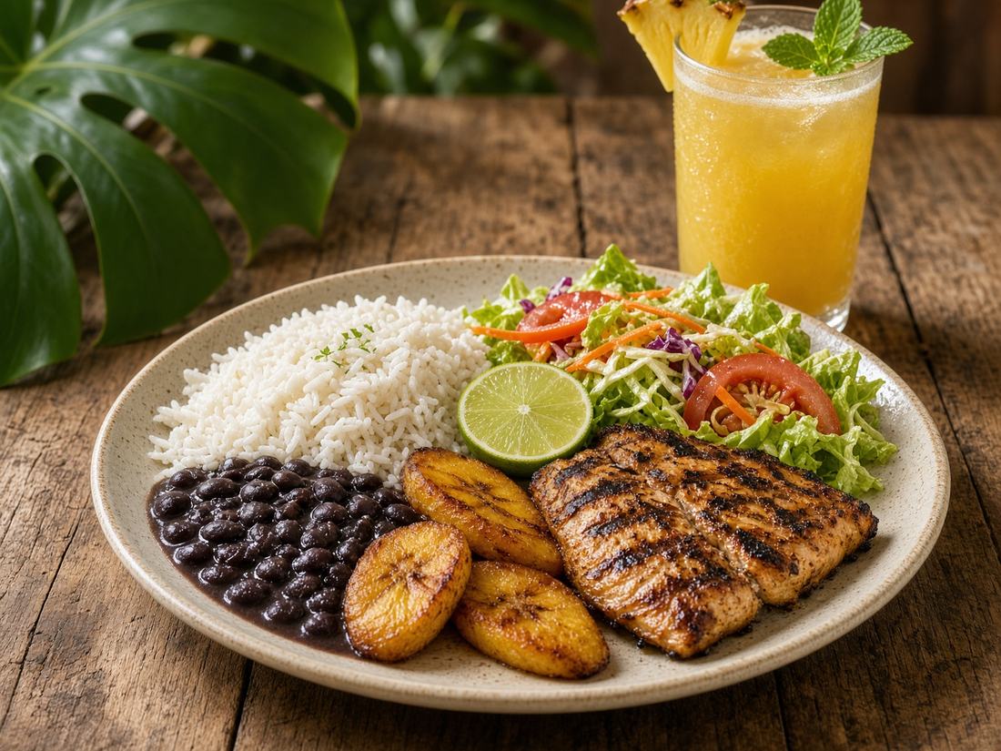 Casado costarricense con pescado, plátano y bebida de frutas