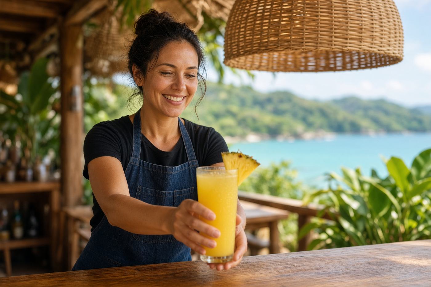 Dueña de un café en Costa Rica ofrece un jugo tropical en la terraza