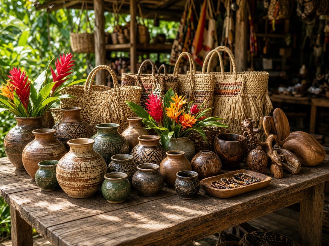 Puesto de artesanías con cerámica, tejidos y flores tropicales