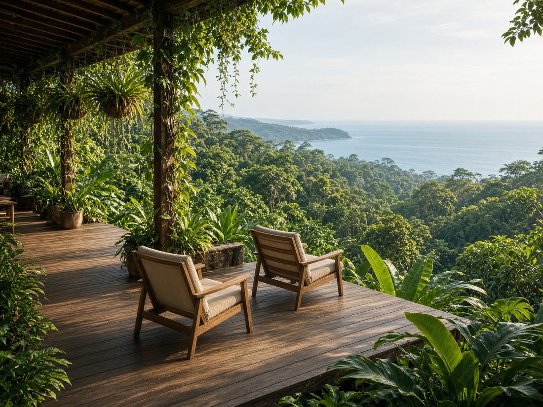 Terraza de un lodge entre la selva y el mar