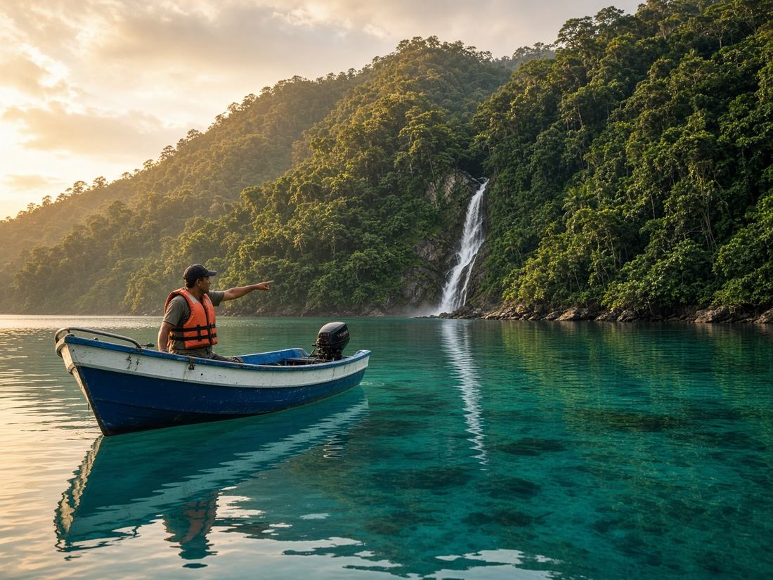 Lancha de tour frente a la selva y una cascada en Costa Rica